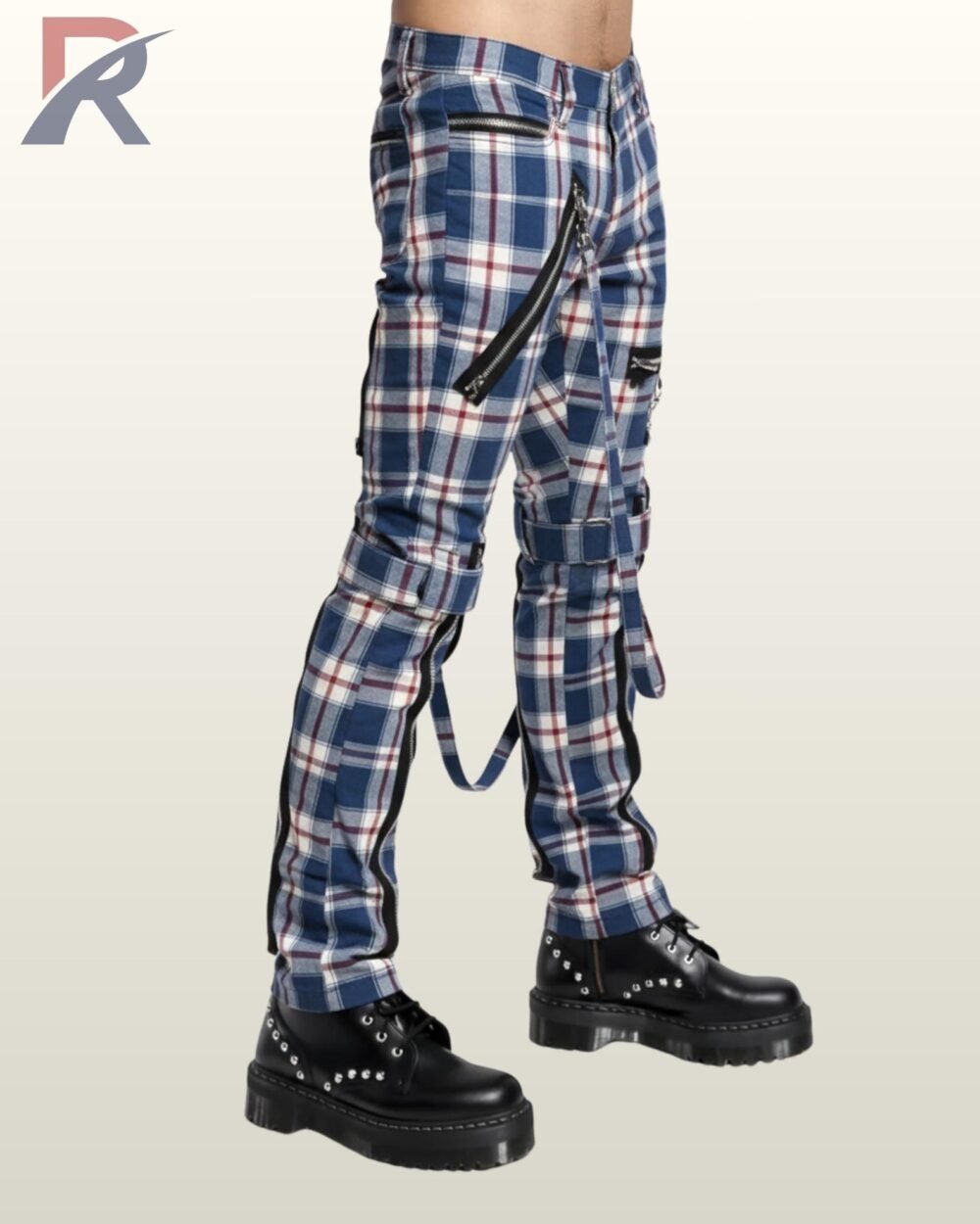 Blue tartan punk rock style pants featuring heavy decorative zippers and metal D-rings.