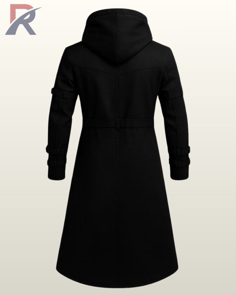 Black gothic assassin long jacket featuring a large hood, chest zipper pocket, and arm straps.