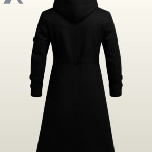 Black gothic assassin long jacket featuring a large hood, chest zipper pocket, and arm straps.