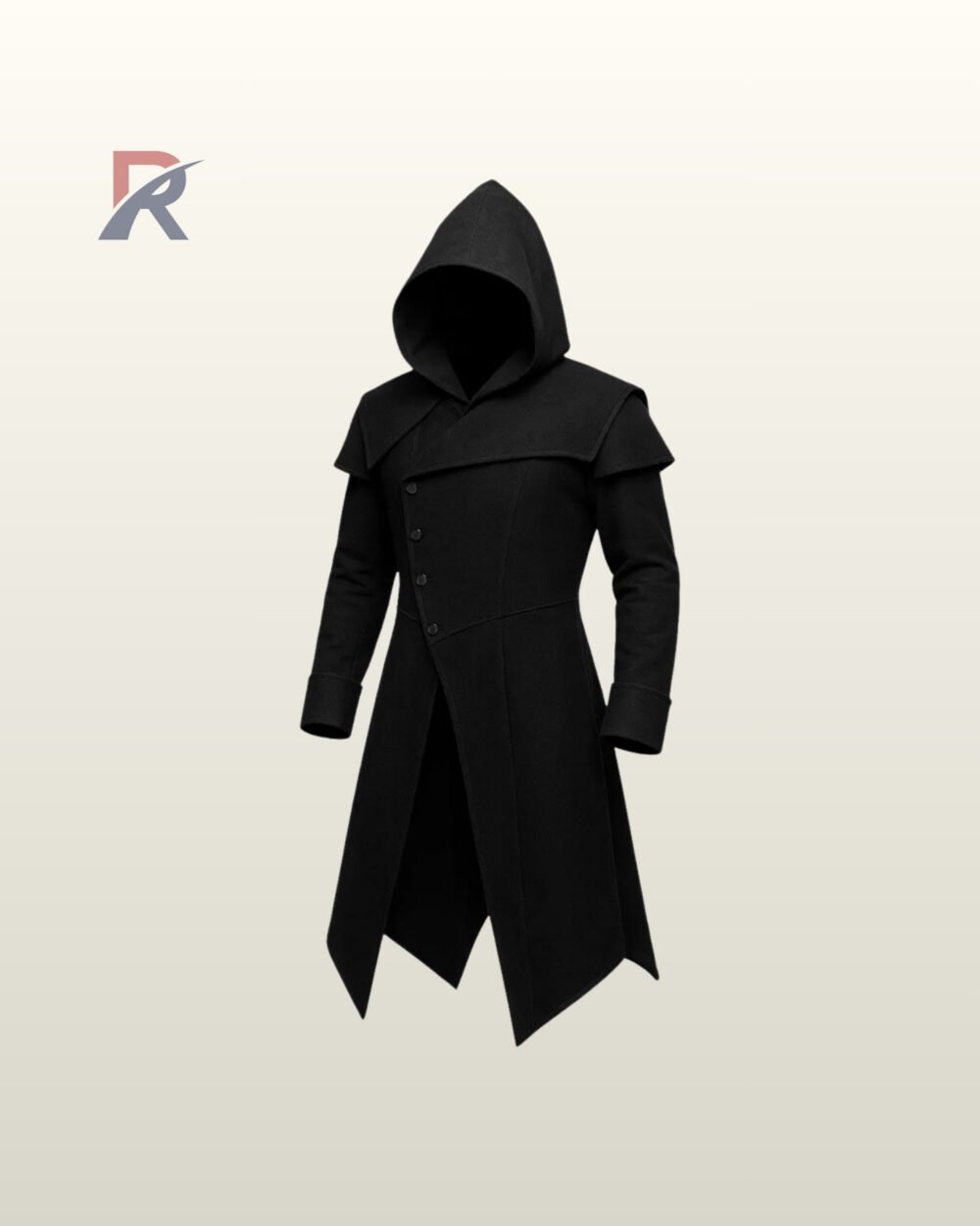 Direct front product view of a men's black gothic hooded trench coat featuring asymmetrical diagonal button fastening, shoulder cape, and pointed hemline.