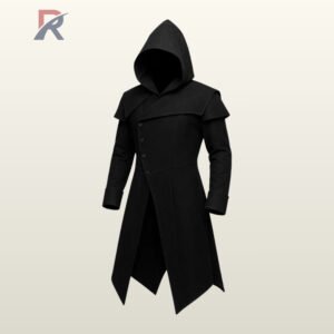Direct front product view of a men's black gothic hooded trench coat featuring asymmetrical diagonal button fastening, shoulder cape, and pointed hemline.