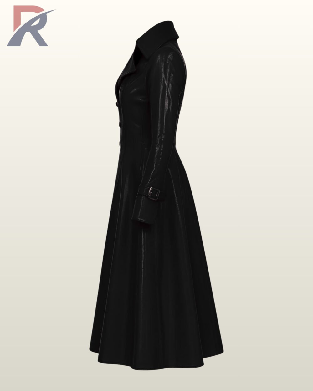 High-gloss black vinyl mac coat for women with prominent lapels and a dramatic flared bottom.