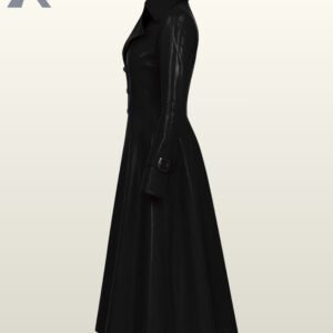 High-gloss black vinyl mac coat for women with prominent lapels and a dramatic flared bottom.
