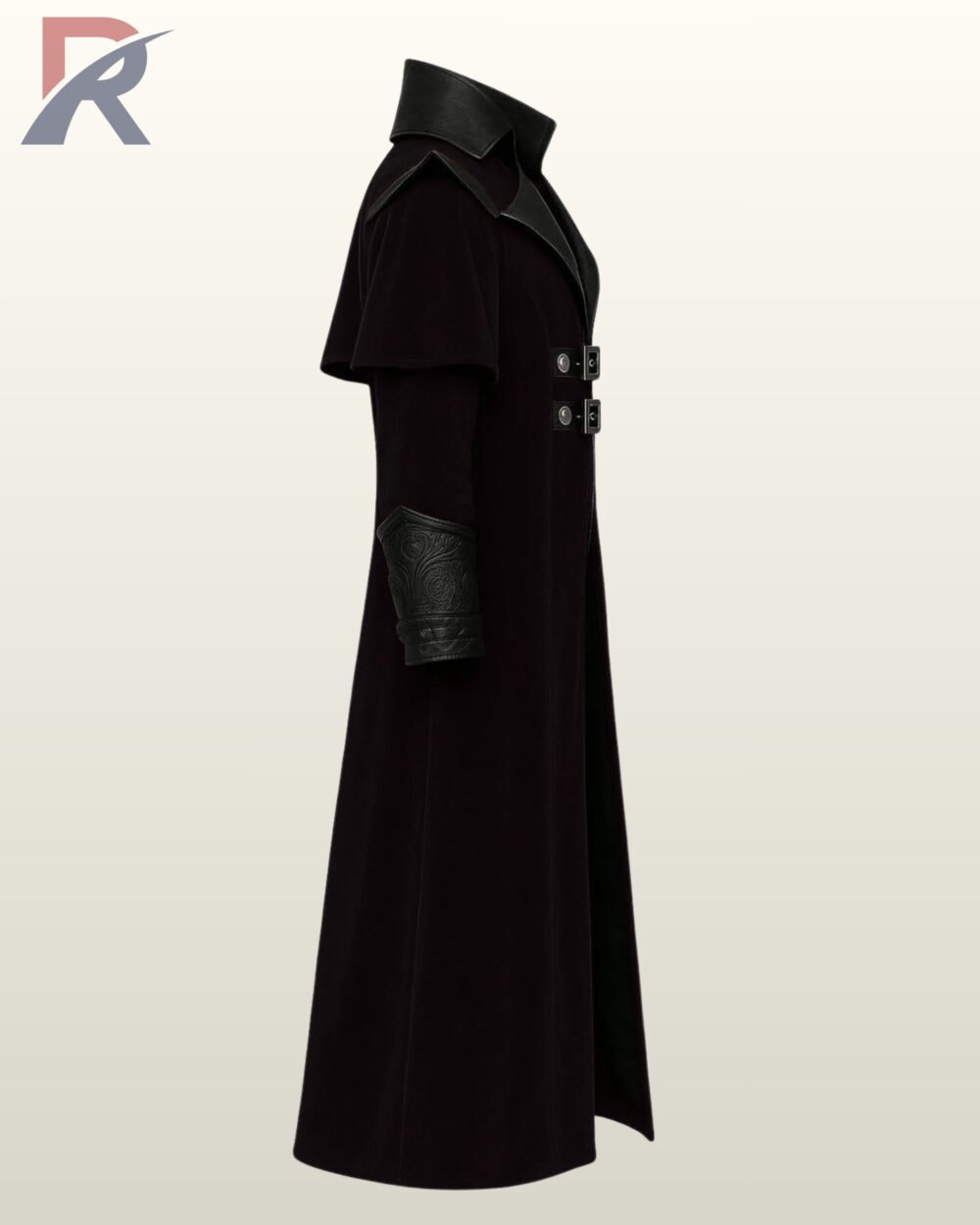 Vampire cosplay or gothic stage wear long coat in deep black velvet with detailed leather accent panels.