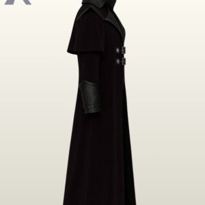 Vampire cosplay or gothic stage wear long coat in deep black velvet with detailed leather accent panels.