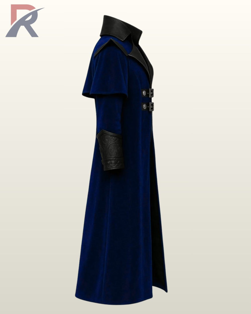 Alternative fashion long coat in rich blue velvet fabric with tiered cape-style shoulders and a split front.