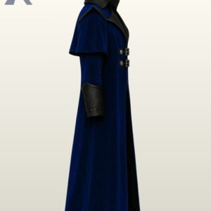 Alternative fashion long coat in rich blue velvet fabric with tiered cape-style shoulders and a split front.