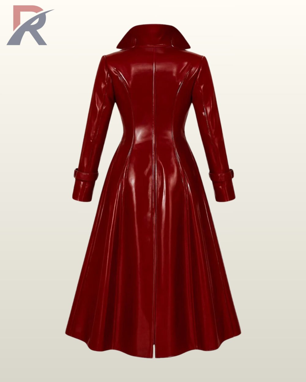 Premium dark red high-gloss mac coat with folded cuffs and a sleek modern asymmetric zipper line.