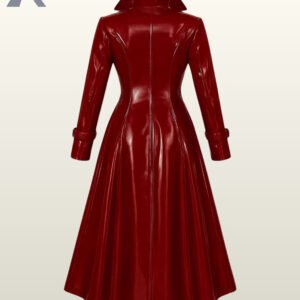 Premium dark red high-gloss mac coat with folded cuffs and a sleek modern asymmetric zipper line.