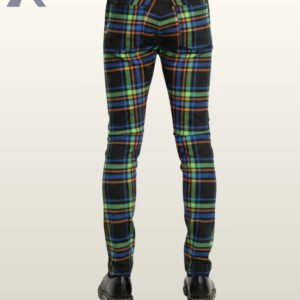 Back perspective of men's neon multi-color checkered gothic trousers featuring fitted leg construction and black leather shoes.