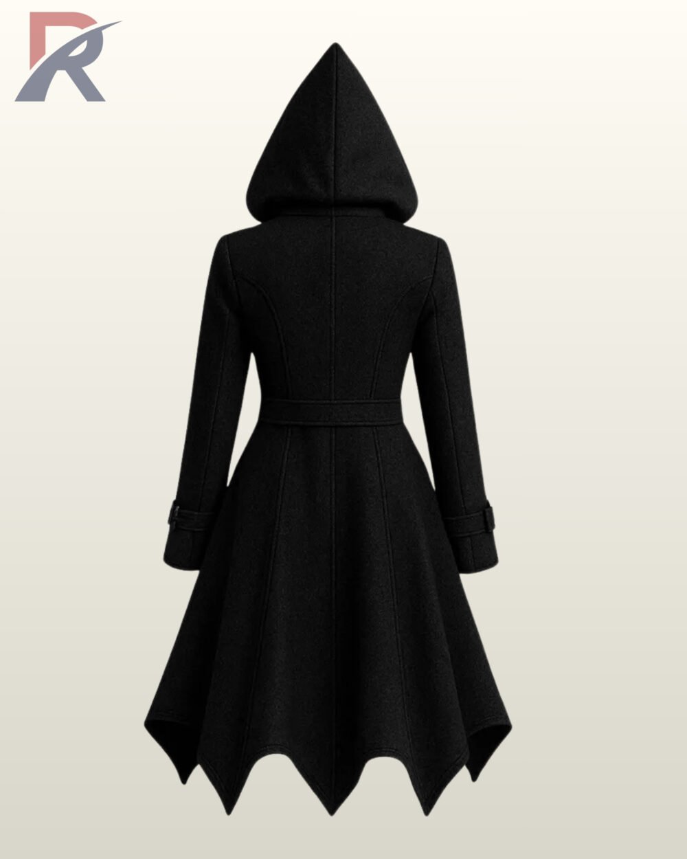 Gothic Lolita style black hooded jacket with notched lapels and a bat-inspired pointed hem.