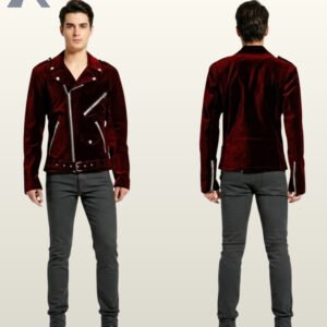 Side-by-side front and back view of a male model wearing a burgundy maroon velvet asymmetric biker jacket with silver zipper pockets and a buckled waist belt.