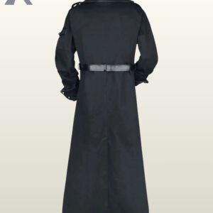 Direct rear product view of a men's black gothic floor-length trench coat featuring a faux leather waist belt, shoulder epaulets, and center back split.