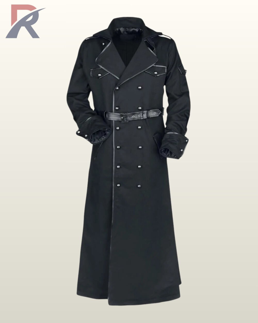 Direct front product view of a men's black gothic floor-length trench coat featuring double-breasted silver studs, buckled waist belt, and wide lapels.
