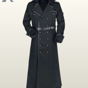 Direct front product view of a men's black gothic floor-length trench coat featuring double-breasted silver studs, buckled waist belt, and wide lapels.
