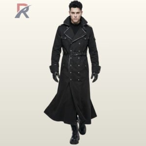 Full front walking view of a male model wearing an ankle-length black gothic trench coat with double-breasted silver buttons, waist belt, and leather gloves.