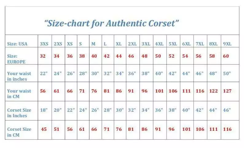 Size chart table for authentic corsets detailing US sizes 3XS to 9XL, European sizes 32 to 60, target waist measurements, and corset waist sizes in inches and centimeters.