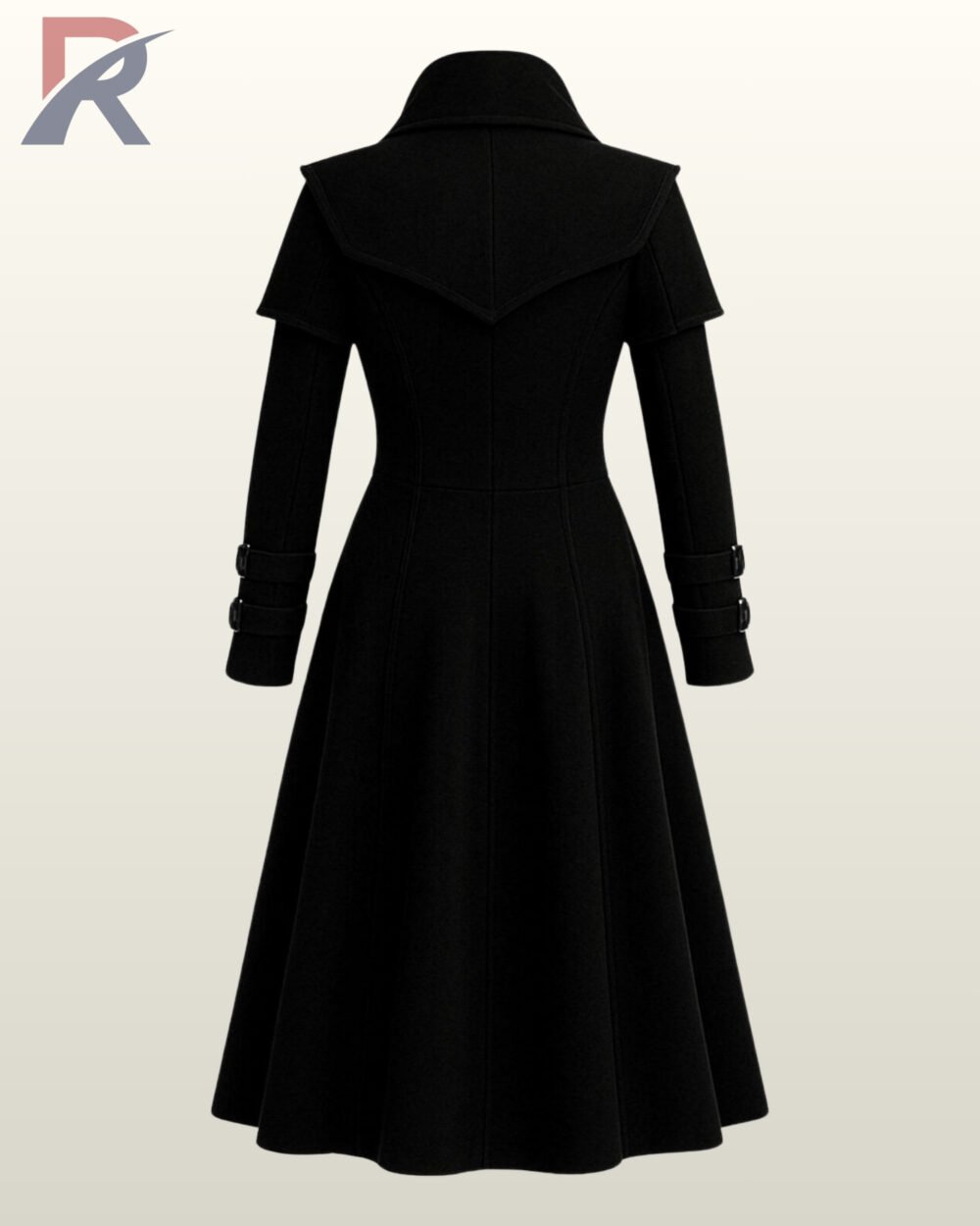 Black gothic parade jacket featuring decorative front straps, metal buttons, and a high collar.
