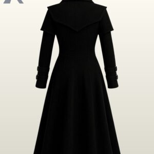 Black gothic parade jacket featuring decorative front straps, metal buttons, and a high collar.