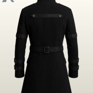 Black gothic parade jacket featuring decorative front straps, metal buttons, and a high collar.