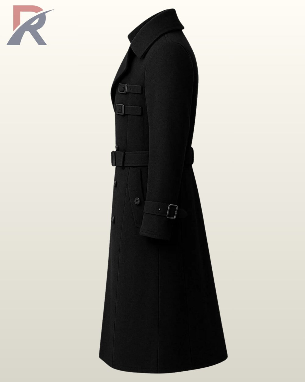Long gothic punk winter jacket featuring structured lapels, buckled chest details, and belted cuffs.