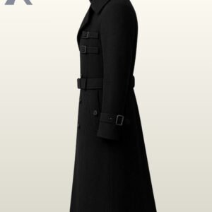Long gothic punk winter jacket featuring structured lapels, buckled chest details, and belted cuffs.