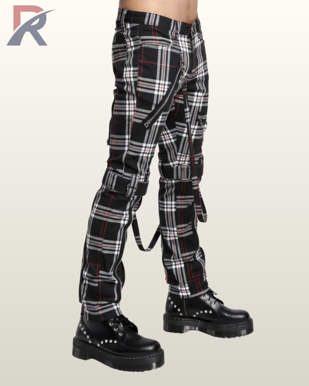 Emo alternative fashion plaid pants with adjustable bondage straps and silver hardware.