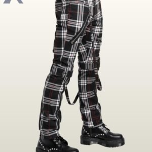 Emo alternative fashion plaid pants with adjustable bondage straps and silver hardware.