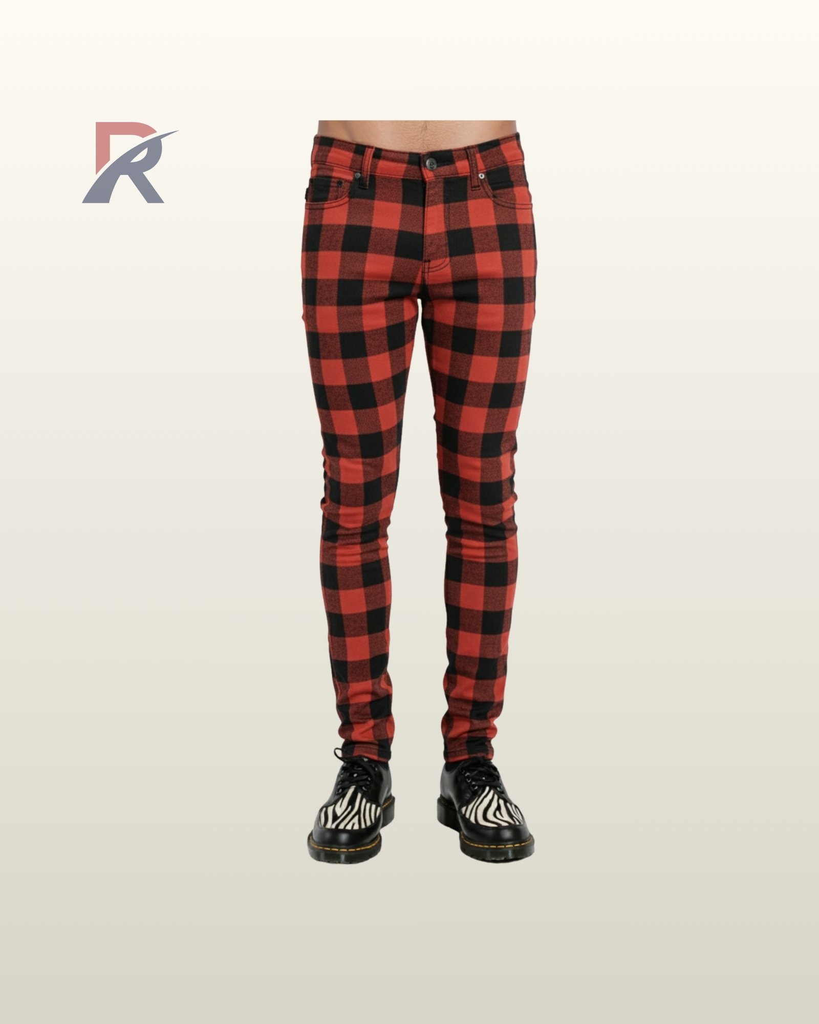 Full front view of a male model wearing men's red and black buffalo plaid skinny punk pants with classic five-pocket styling and zip fly.