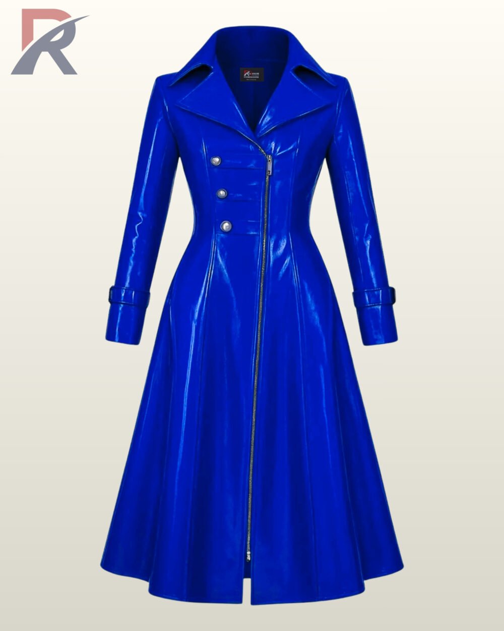 Shiny cobalt blue patent look overcoat highlighting a deep V-neck collar configuration and a vertical metal zip.