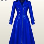 Shiny cobalt blue patent look overcoat highlighting a deep V-neck collar configuration and a vertical metal zip.