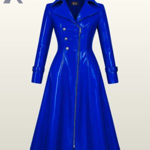 Shiny cobalt blue patent look overcoat highlighting a deep V-neck collar configuration and a vertical metal zip.