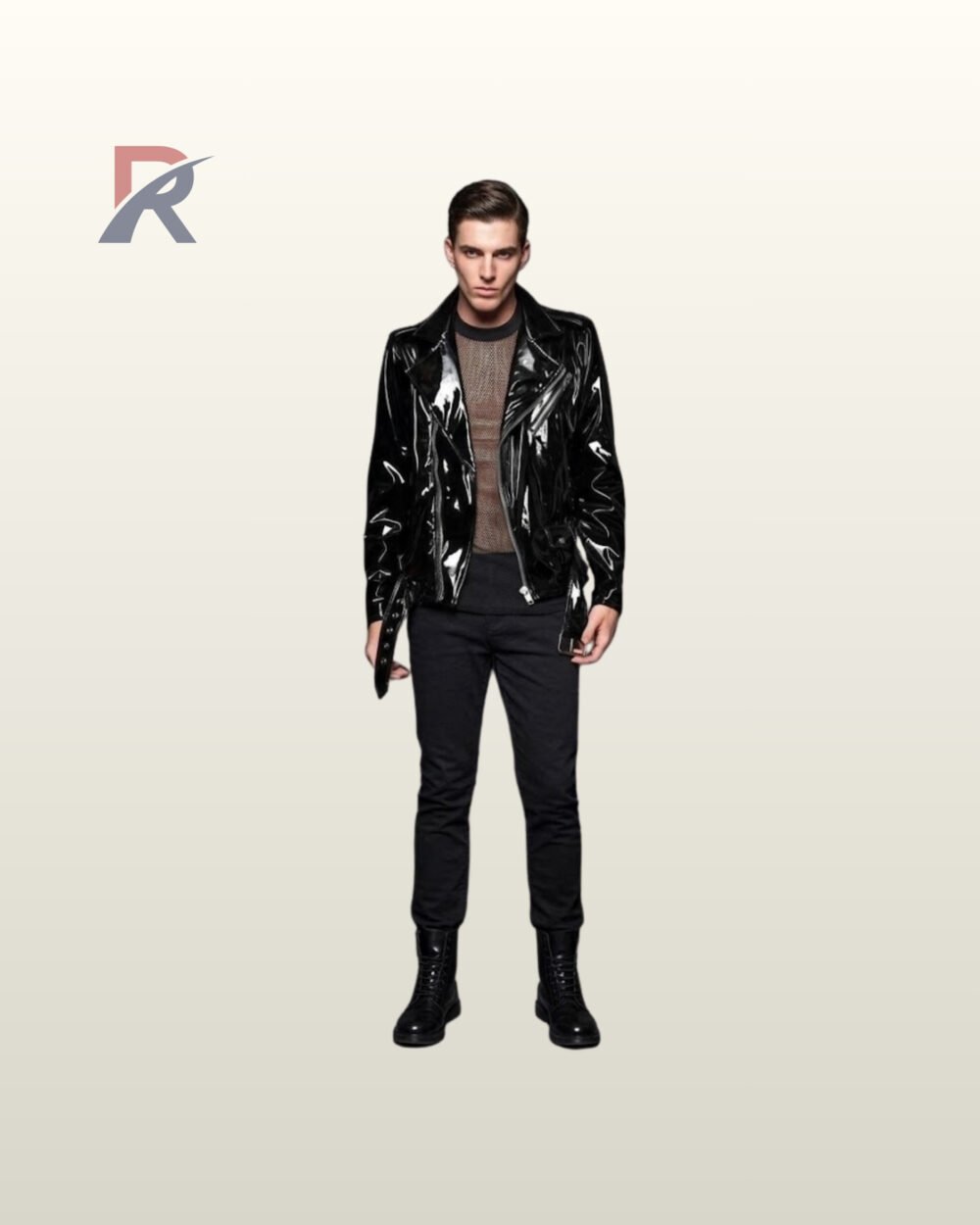 Full front view of a male model wearing an asymmetrical glossy black patent leather biker jacket styled over a see-through mesh shirt.