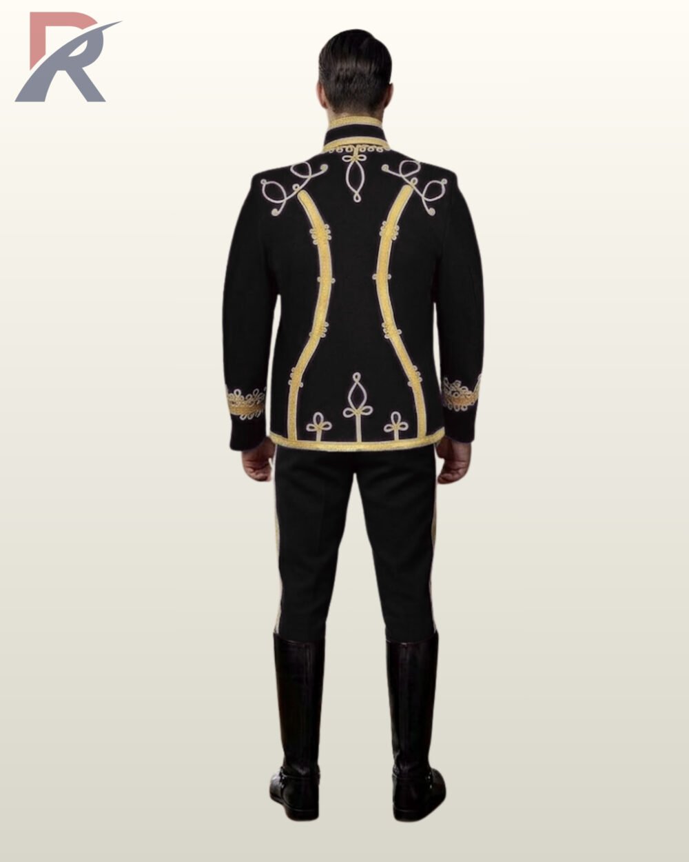 Full rear view of a model wearing a black military hussar tunic displaying gold contoured back seam piping, shoulder loops, and lower trefoil motifs.