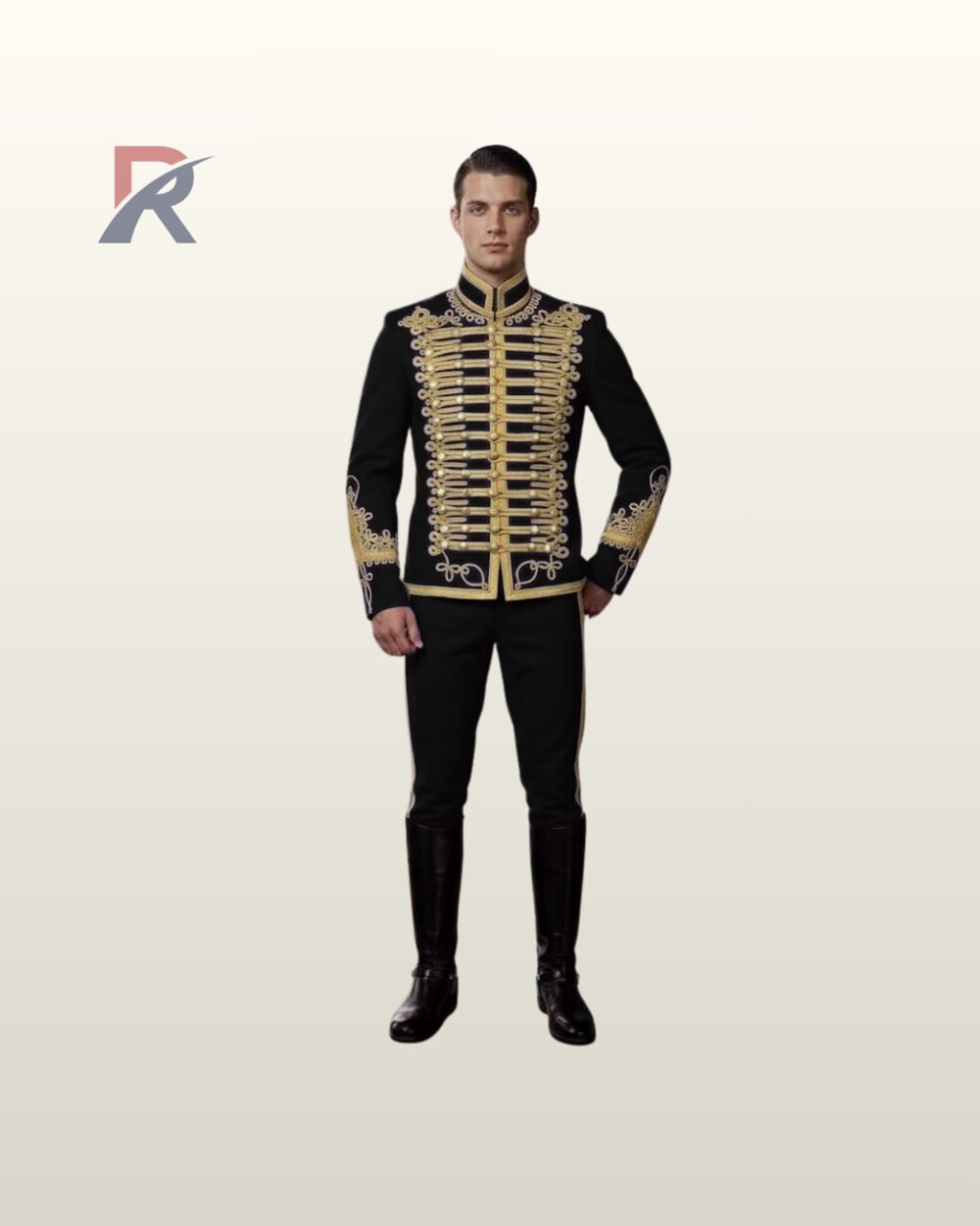 Men's black gothic parade tunic jacket featuring double-breasted gold chest embroidery, gold-trimmed mandarin collar, and black trousers.