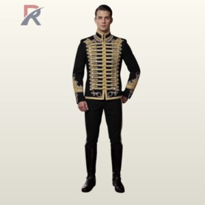 Men's black gothic parade tunic jacket featuring double-breasted gold chest embroidery, gold-trimmed mandarin collar, and black trousers.
