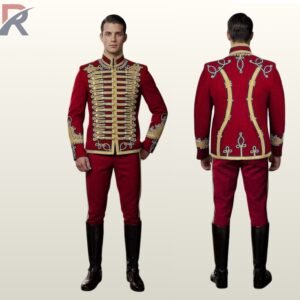 Full product display showing front and back perspective of a men's red parade tunic jacket featuring extensive gold chest braiding, cuff embroidery, and gold-piped trousers.