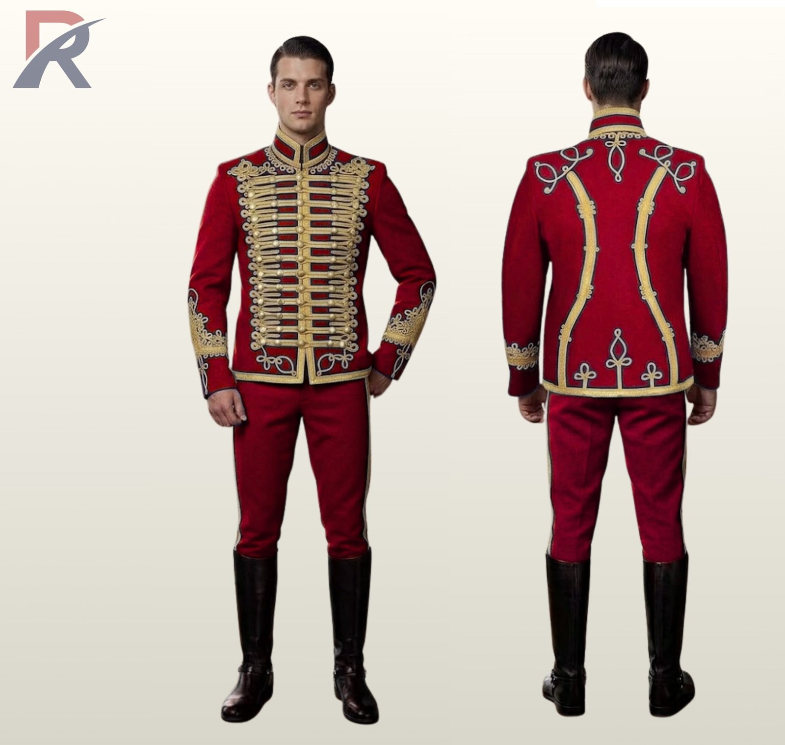 Full product display showing front and back perspective of a men's red parade tunic jacket featuring extensive gold chest braiding, cuff embroidery, and gold-piped trousers.