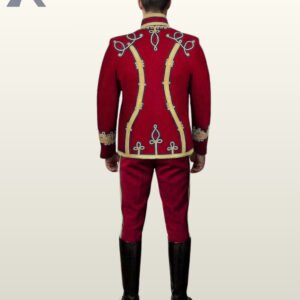 Full rear view of a model wearing a crimson red military hussar jacket displaying gold back seam loops, shoulder knots, and trefoil hem accents.