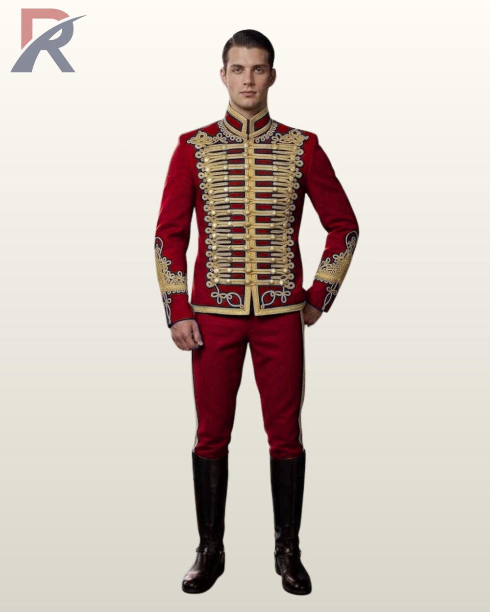 Men's red military parade tunic jacket featuring gold Austrian knot chest trim, gold mandarin collar, and matching red trousers with gold side stripes.