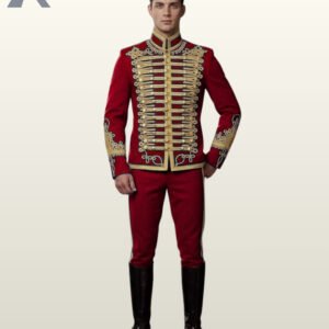 Men's red military parade tunic jacket featuring gold Austrian knot chest trim, gold mandarin collar, and matching red trousers with gold side stripes.