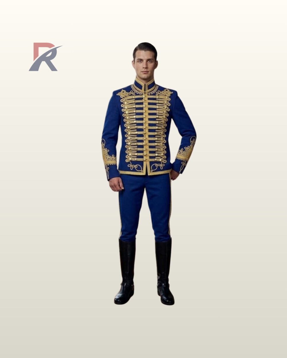 Men's royal blue military uniform tunic styled with gold-bordered trousers and black leather boots, showcasing a gold braided mandarin collar.