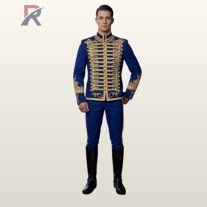 Men's royal blue military uniform tunic styled with gold-bordered trousers and black leather boots, showcasing a gold braided mandarin collar.