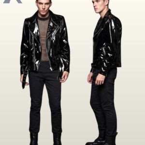 Side-by-side front and profile view of a model wearing a high-gloss black patent leather biker jacket featuring an asymmetrical zipper and waist belt.