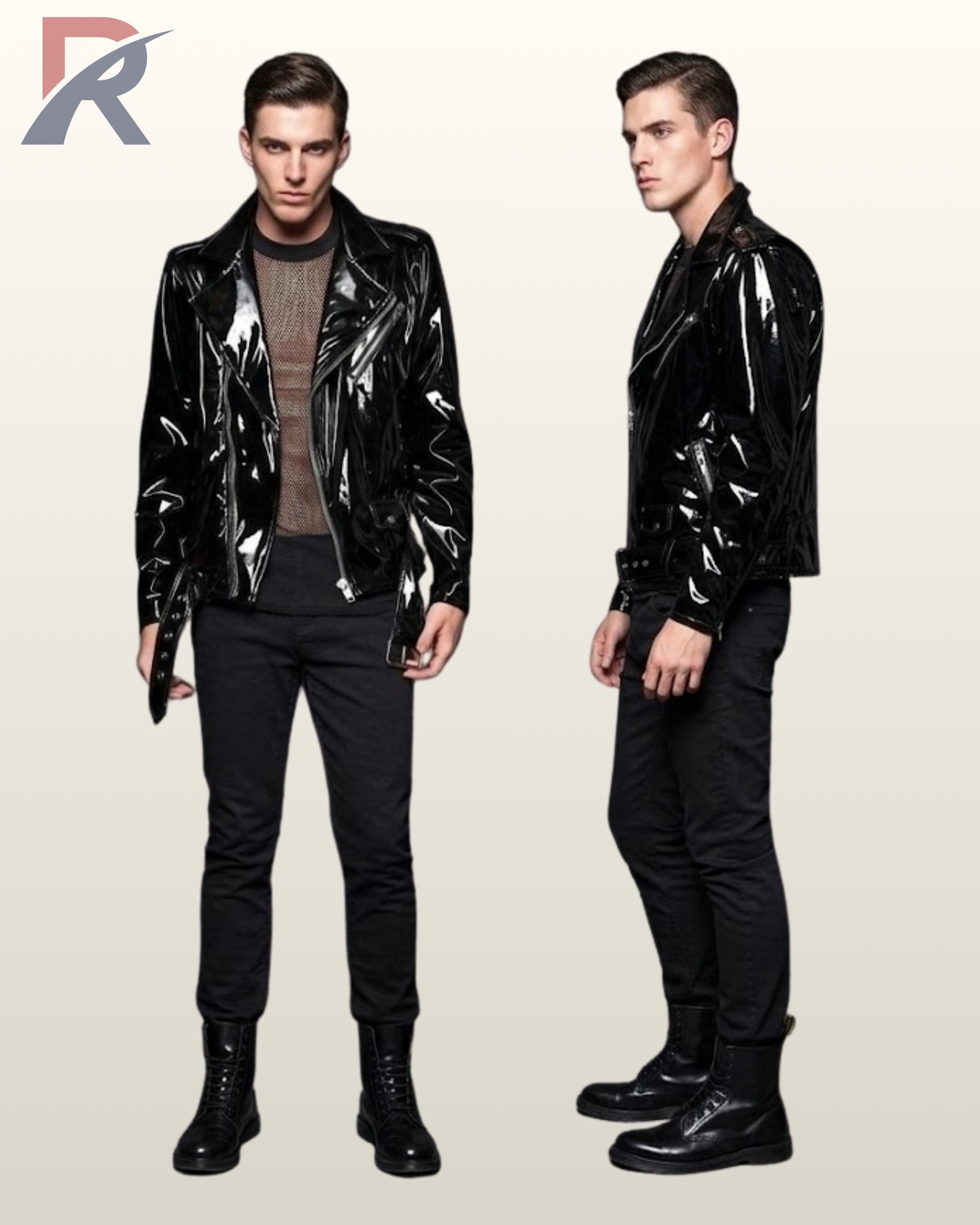 Side-by-side front and profile view of a model wearing a high-gloss black patent leather biker jacket featuring an asymmetrical zipper and waist belt.