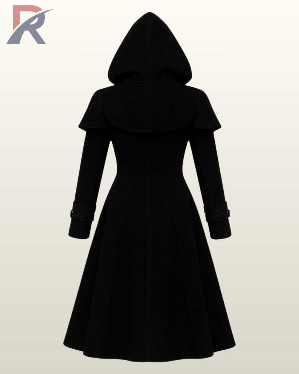 Dark fantasy cosplay trench coat showing a large open hood lined with contrasting red fabric.