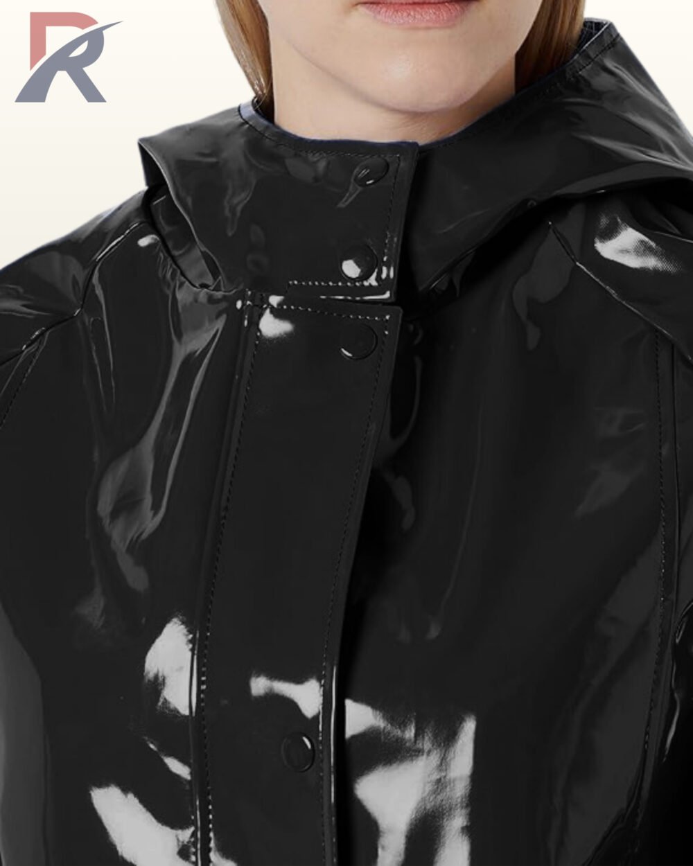 Waterproof black patent PVC raincoat featuring a reflective high-shine texture.