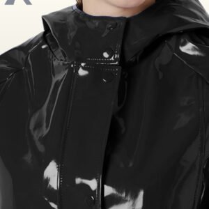 Waterproof black patent PVC raincoat featuring a reflective high-shine texture.