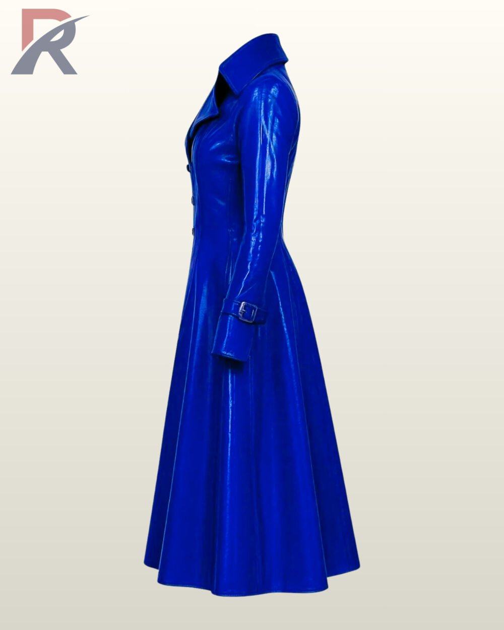 High-gloss blue vinyl mac coat for alternative fashion wearers showing a highly reflective finish.