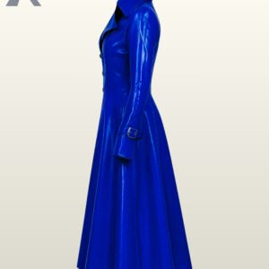 High-gloss blue vinyl mac coat for alternative fashion wearers showing a highly reflective finish.